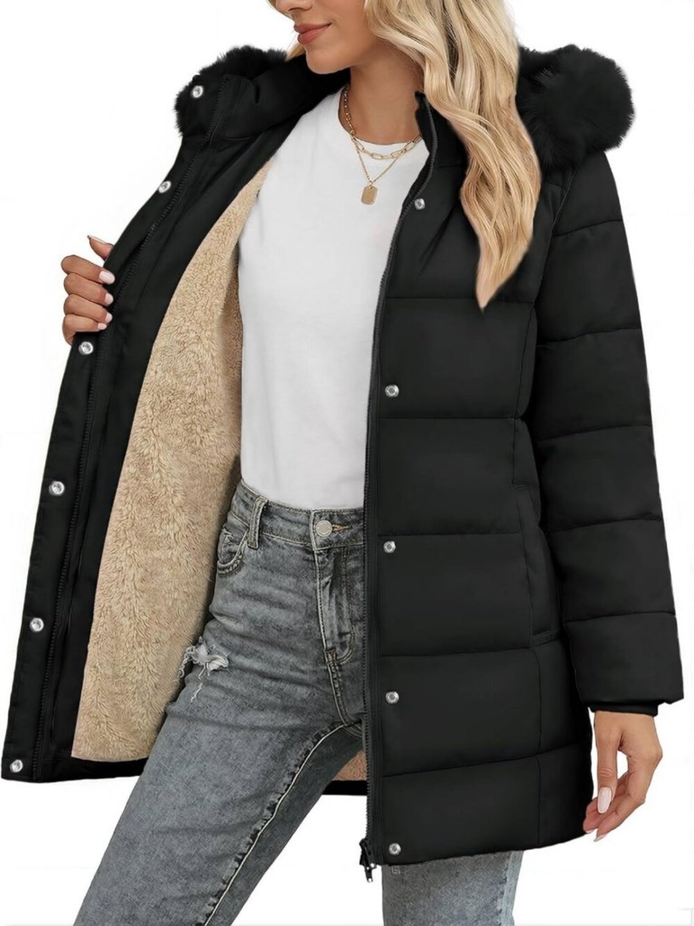 Cozy Women's Hooded Long Winter Puffer Coat, Fleece Lined Parka, Warm Outerwear